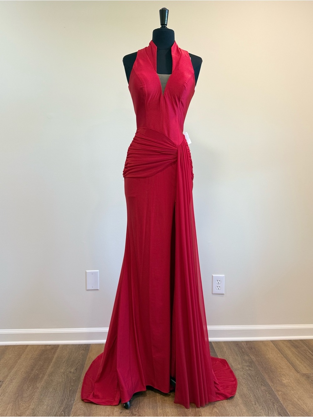 Portia and Scarlett Red Halter Ruched Side Gown